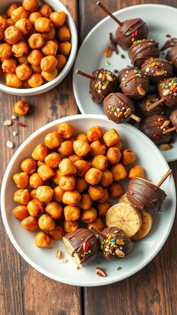 Crispy baked chickpeas in a bowl and chocolate-dipped banana bites on a plate, set on a wooden table.